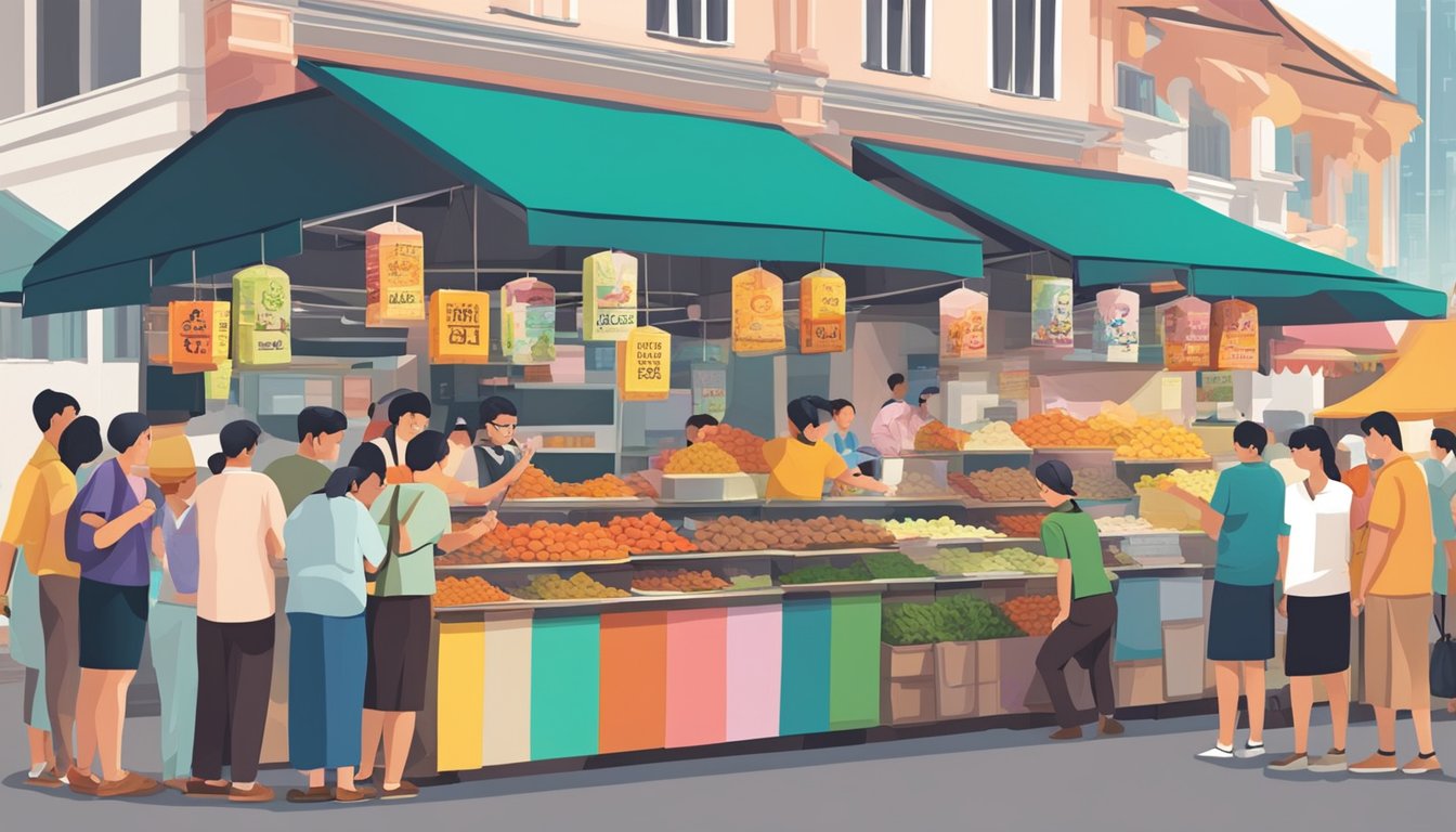 A bustling market stall with colorful signs advertising "Chai Poh" in Singapore. Customers gather around, pointing and asking questions to the vendor