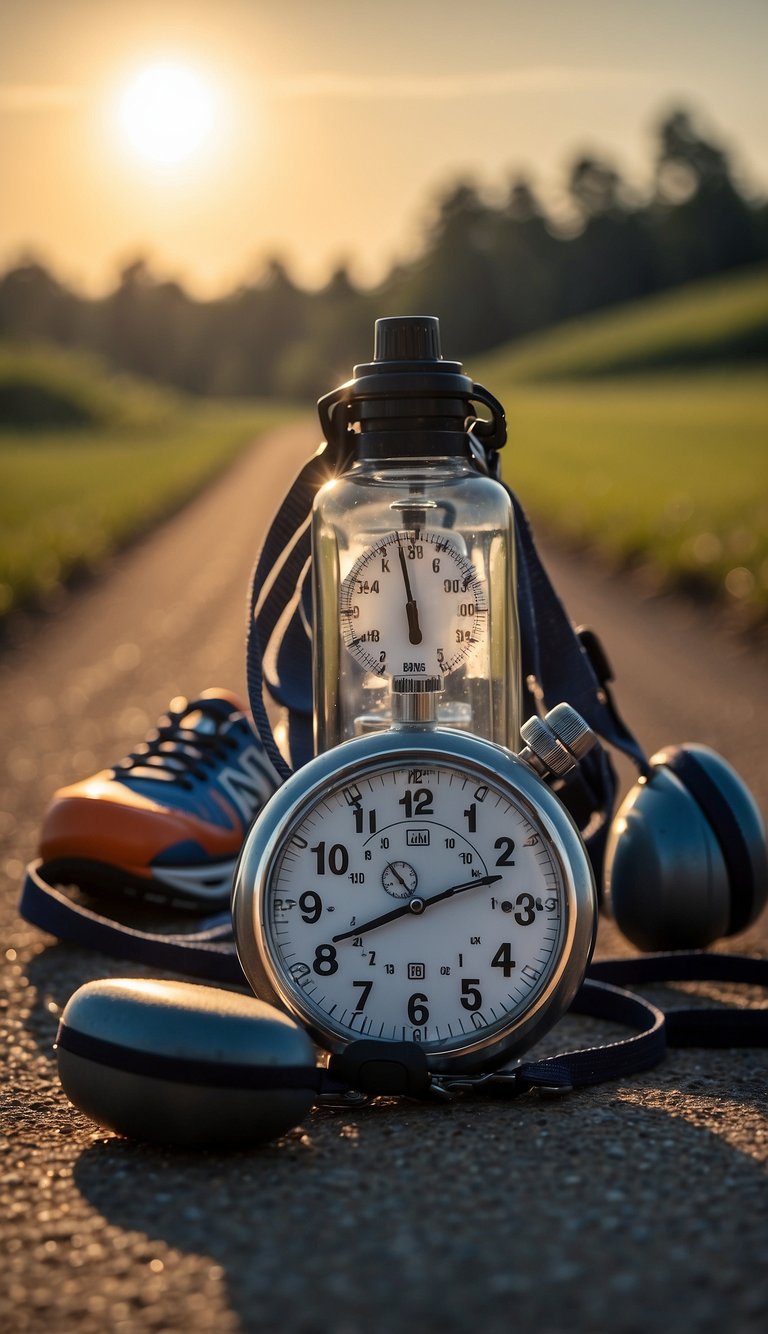 Athlete's gear laid out, shoes tied, water bottle ready, and a stopwatch on the side. The sun rises over a quiet track