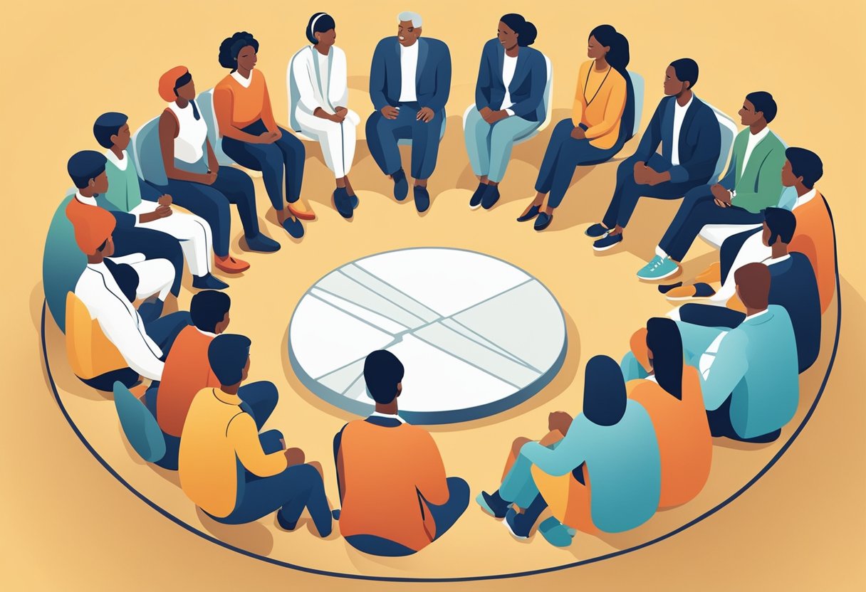 A group of diverse individuals sit in a circle, each with a thoughtful expression as they listen to a speaker sharing inspirational thoughts on governance