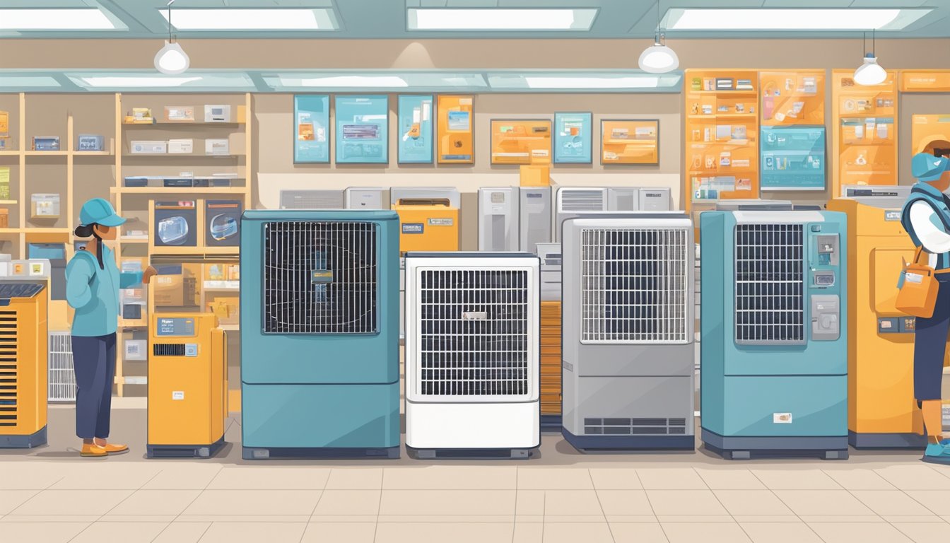 A person comparing air conditioning units in a store, surrounded by various models and brands. Price tags and promotional signs are visible