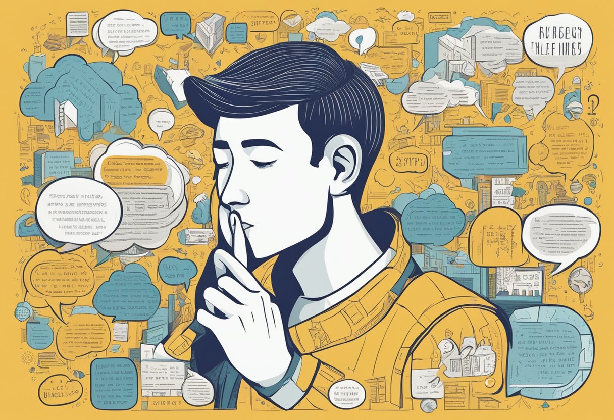 A figure with closed ears and a finger over their lips, surrounded by various proverbs written in speech bubbles