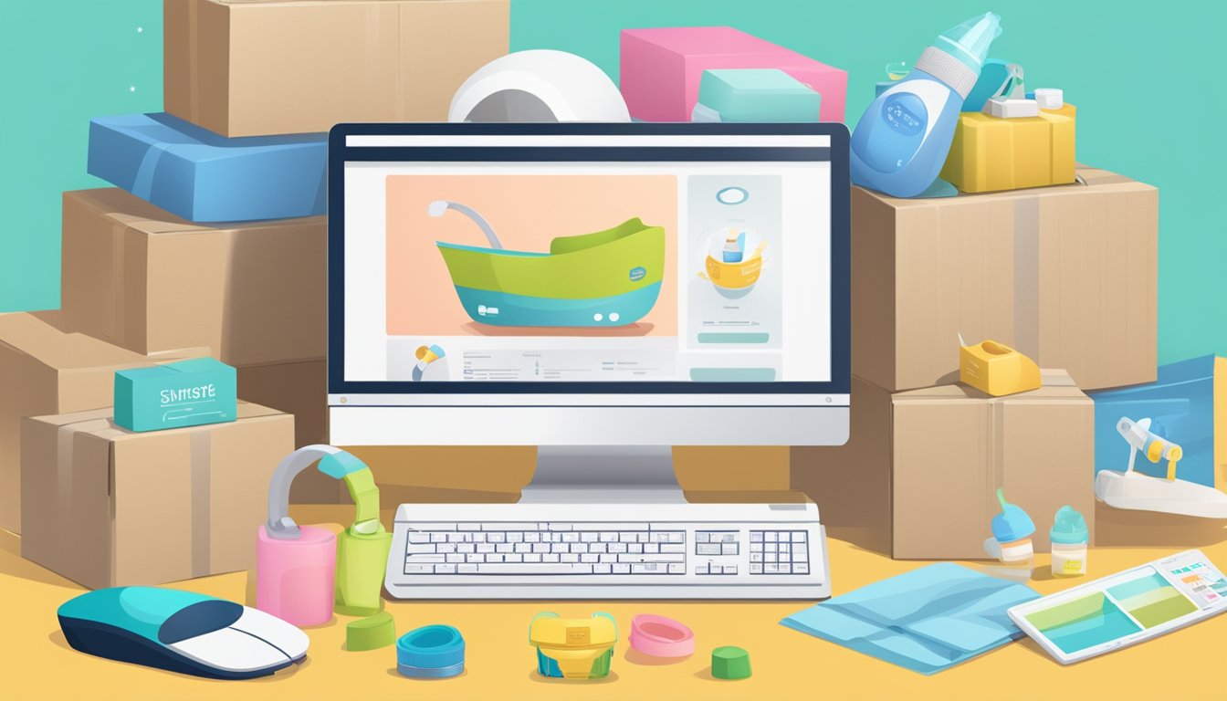 A computer with a mouse and keyboard, displaying a website with baby products, surrounded by packaging and shipping materials