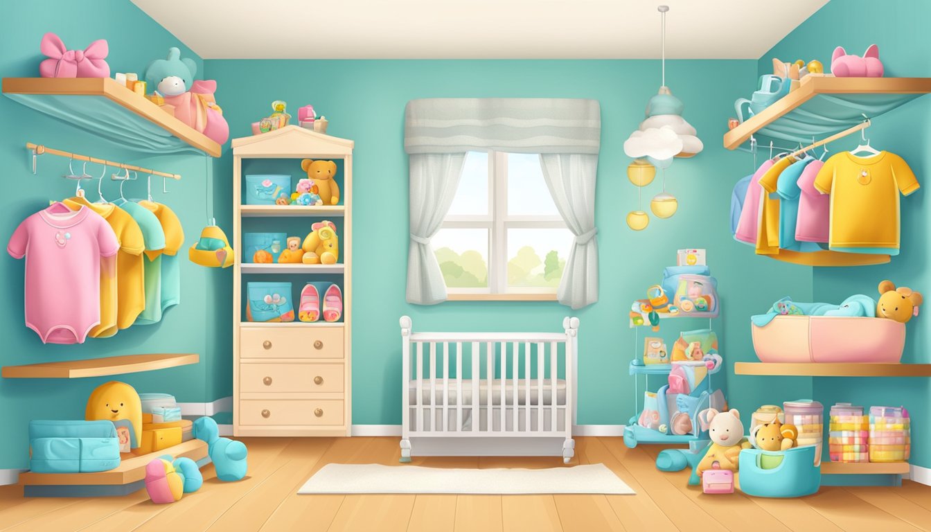 A vibrant online baby store with a variety of products displayed on shelves and racks, including clothing, toys, and nursery essentials