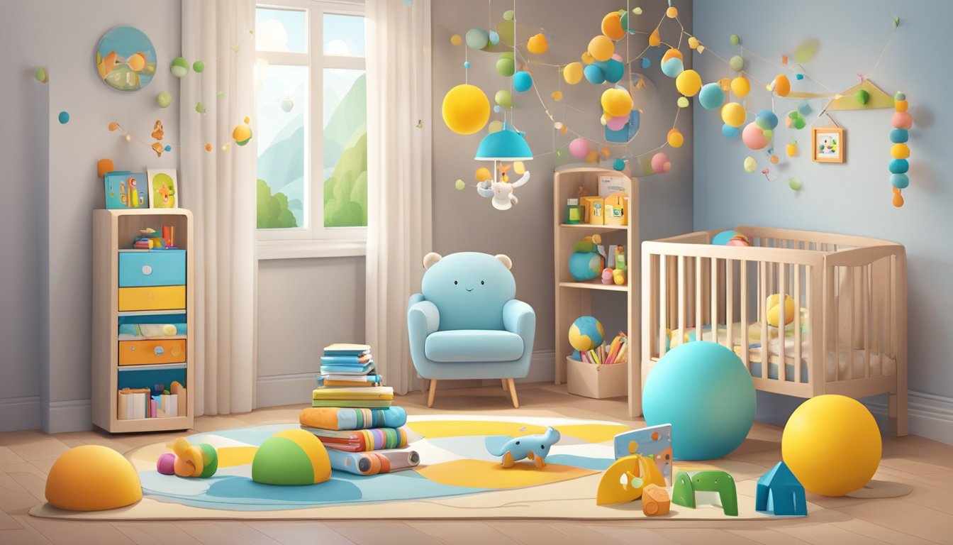 A baby's room with colorful toys, books, and educational games scattered on the floor. A mobile hanging above the crib with soft music playing