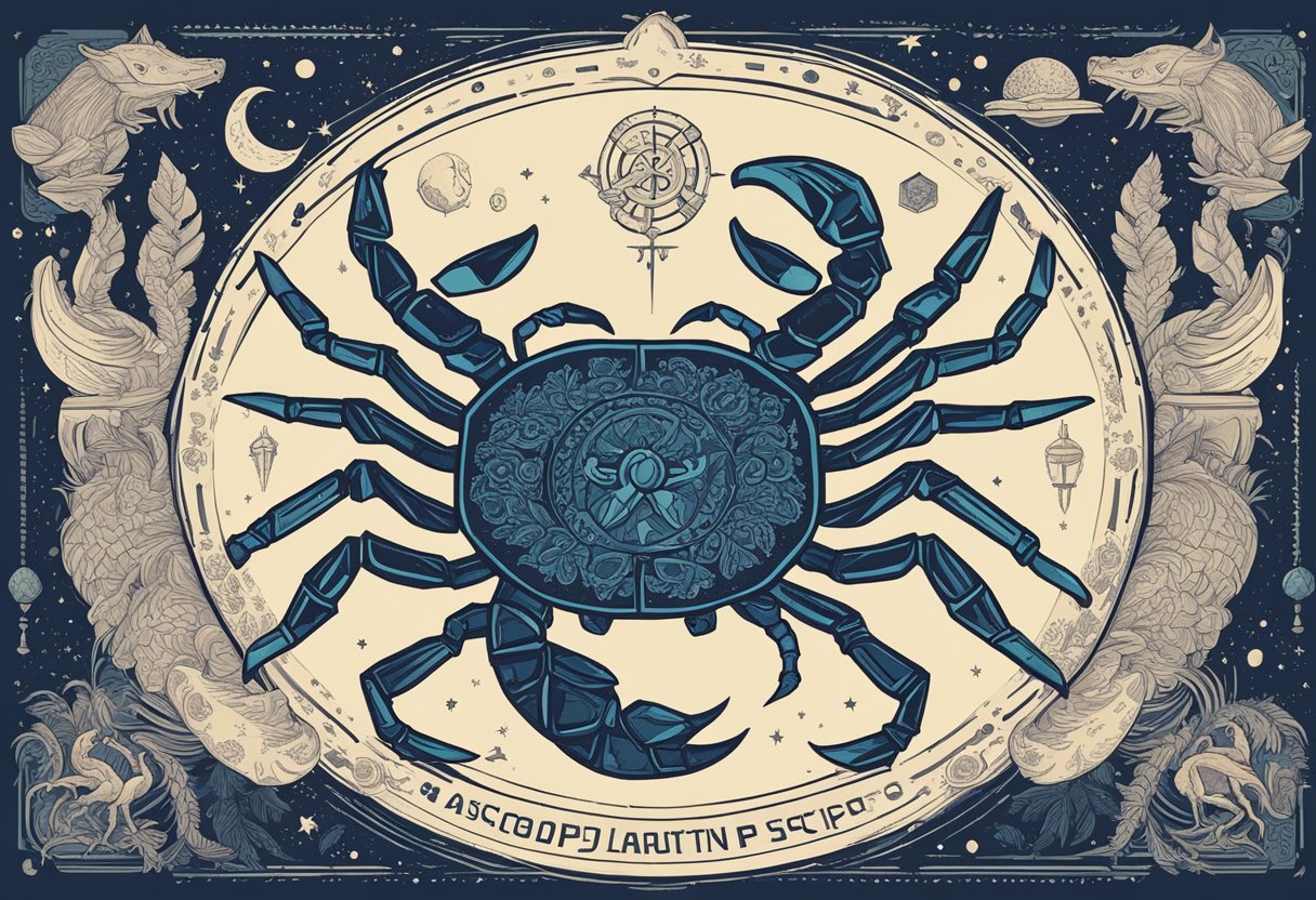A scorpion poised with its tail raised, ready to strike, surrounded by astrological symbols and the words "Scorpio quotes."