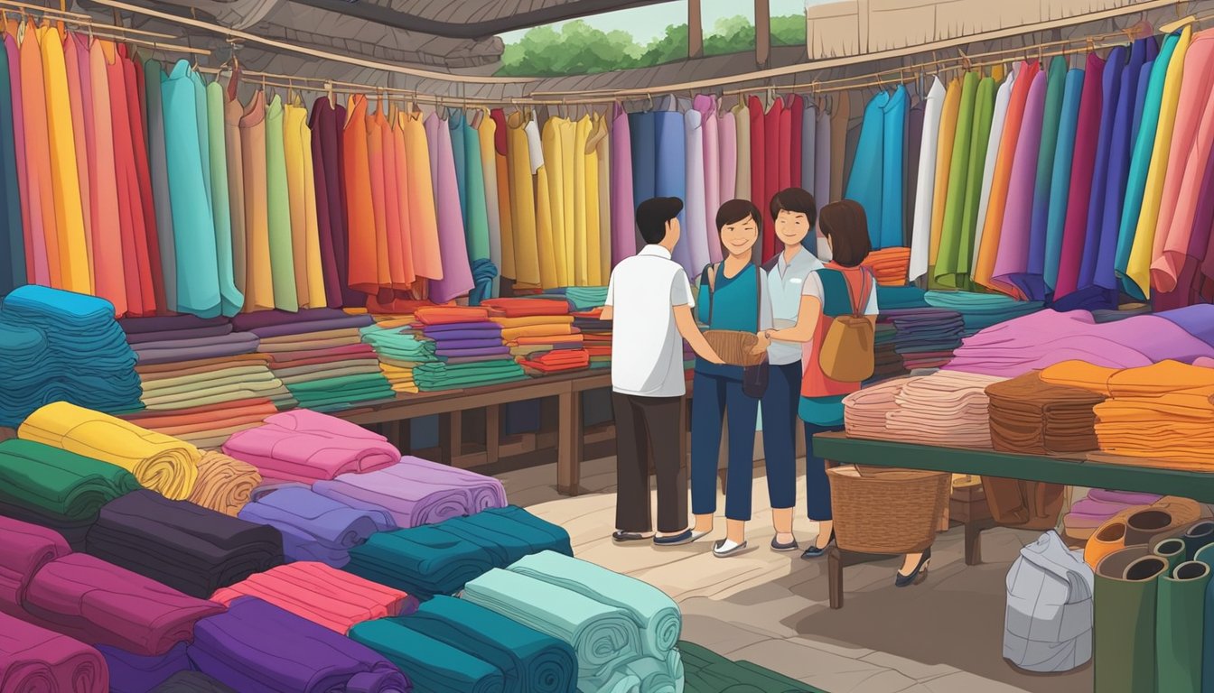 A bustling market stall displays colorful fabrics at low prices in Singapore. Customers browse through rolls of cloth, while the vendor arranges the display