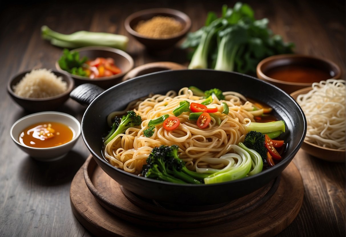 A table set with ingredients like soy sauce, ginger, and bok choy. A wok sizzling with stir-fry. A steaming bowl of noodles