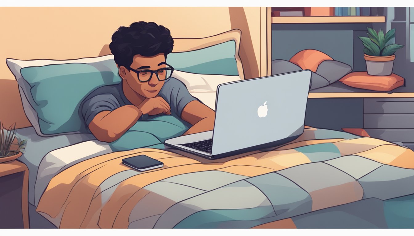 A person browsing through various bed options on a laptop, surrounded by pillows and blankets, with a satisfied expression