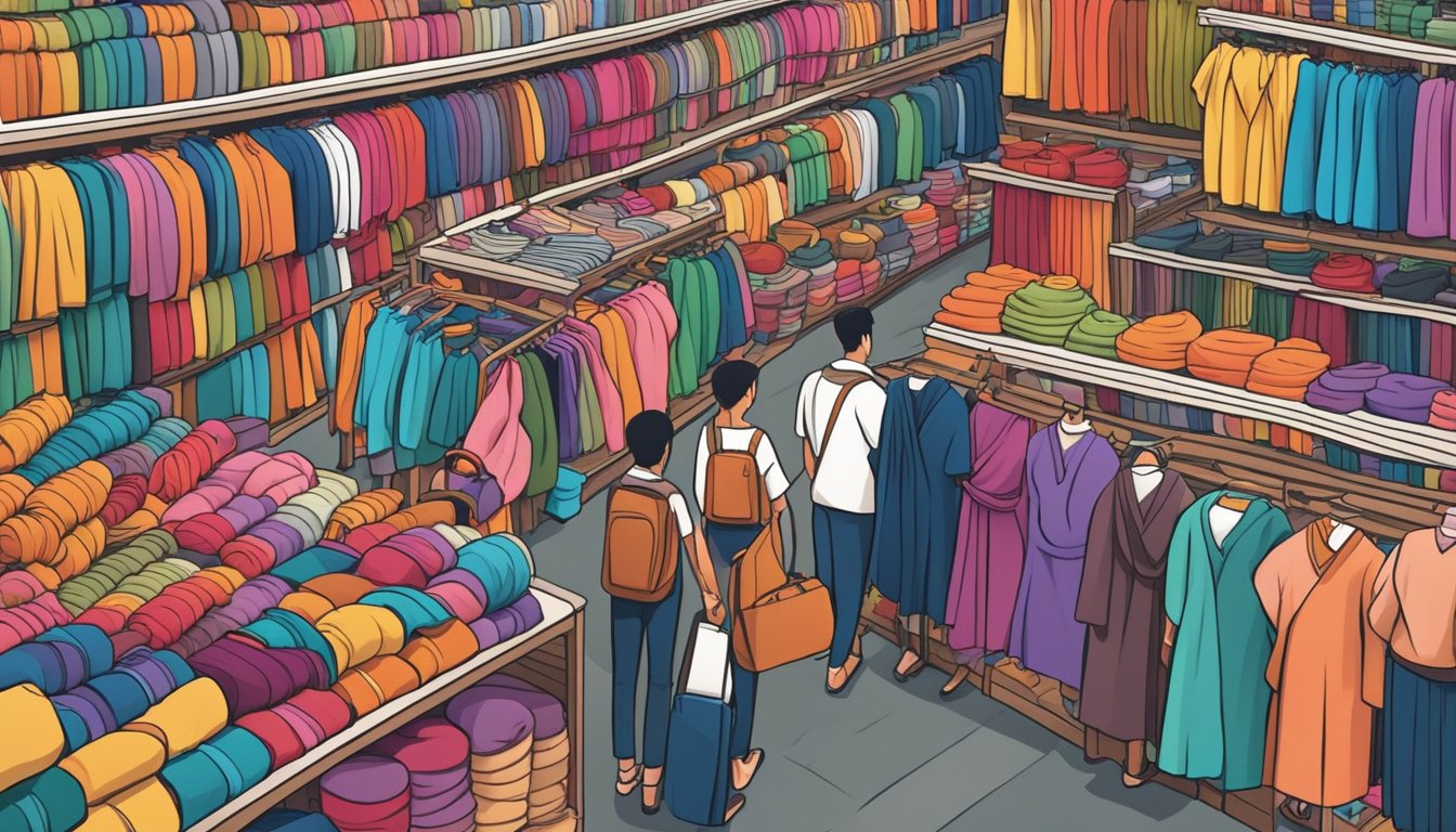 A bustling fabric market in Singapore, with colorful rolls of cloth stacked neatly on shelves, and vendors eagerly assisting budget-conscious shoppers