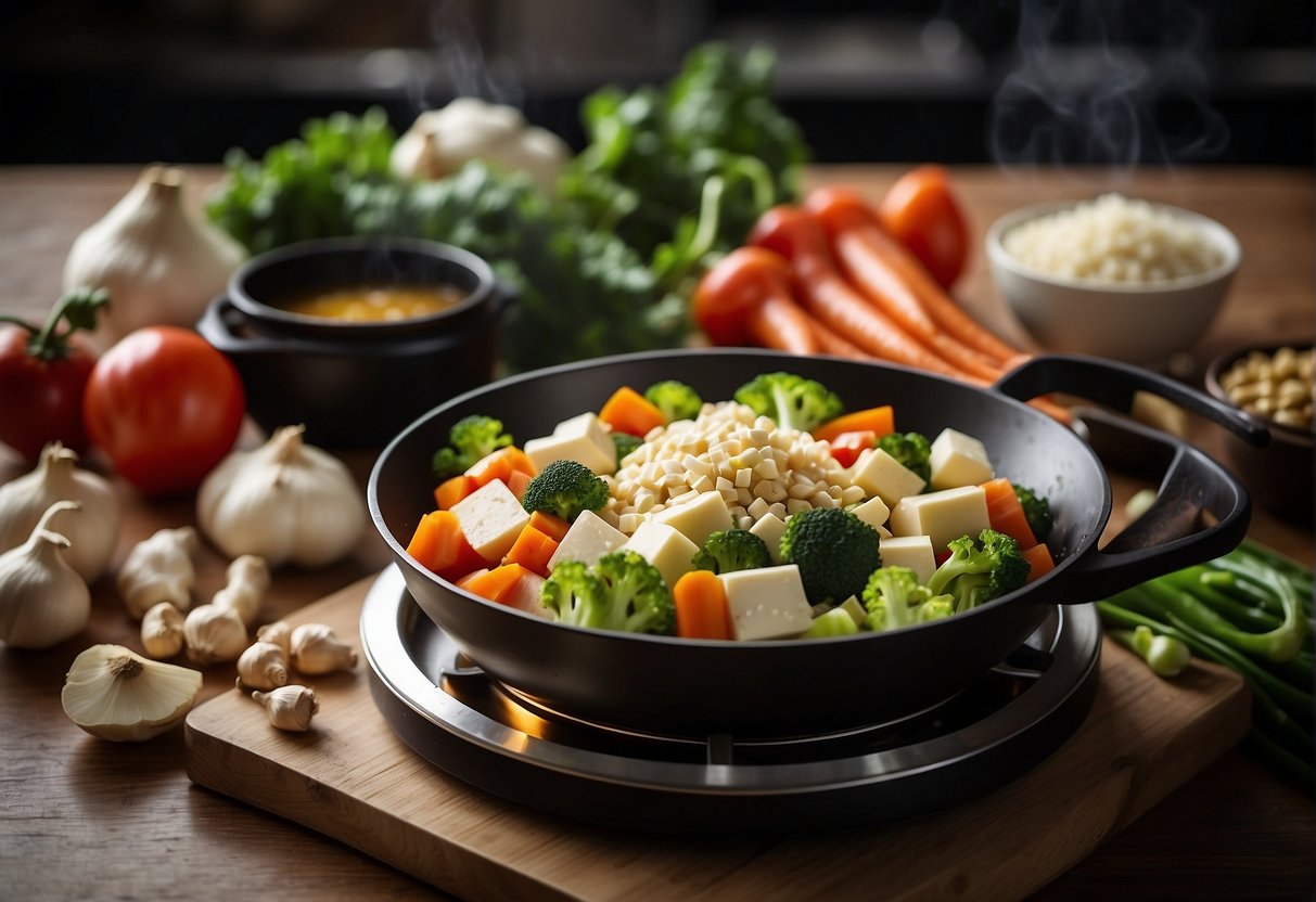 A table with fresh vegetables, tofu, soy sauce, ginger, and garlic. A wok sits on a gas stove, ready for cooking