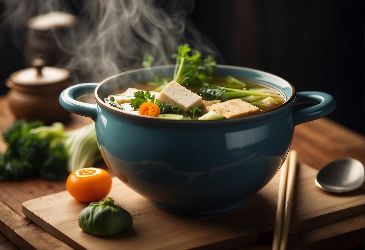 A pot of clear broth with floating vegetables and tofu, steam rising. Chopsticks and a spoon rest beside the bowl