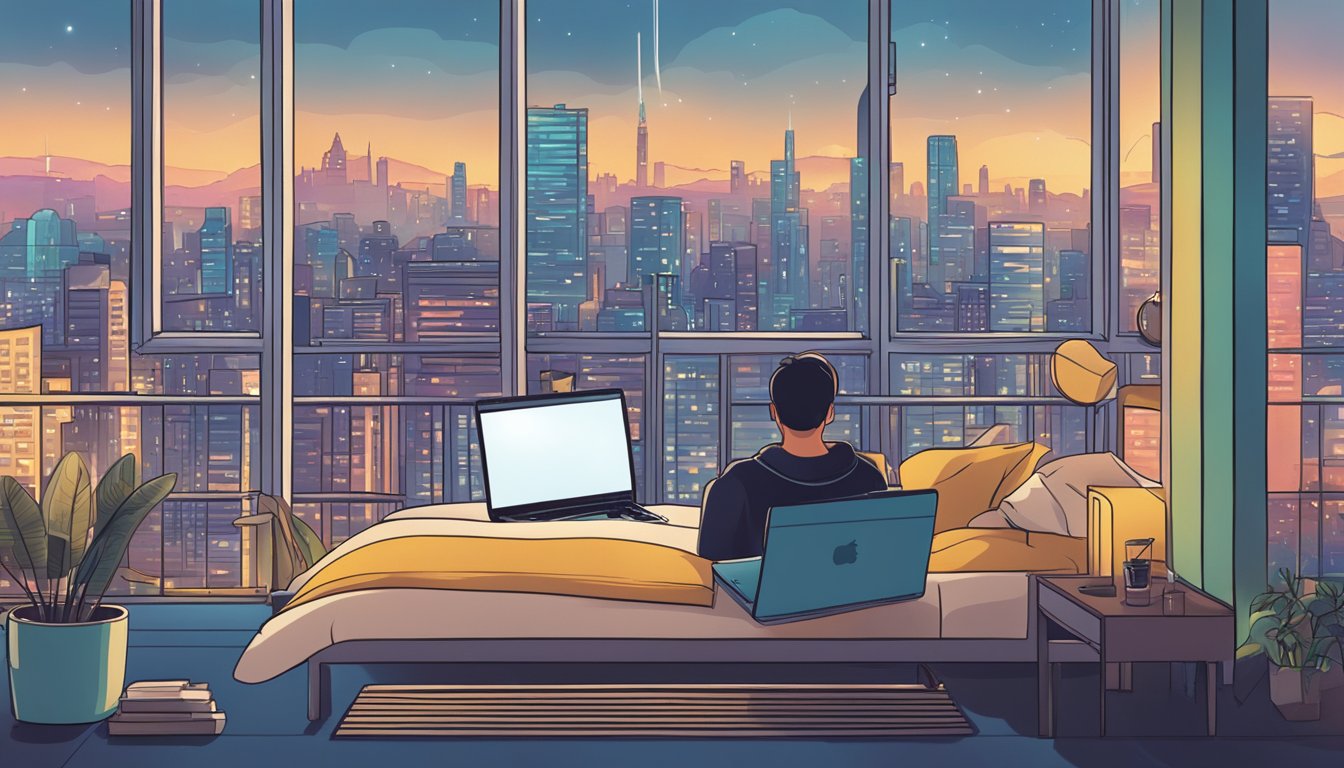 A person browsing a laptop, surrounded by various bed options, with a city skyline in the background