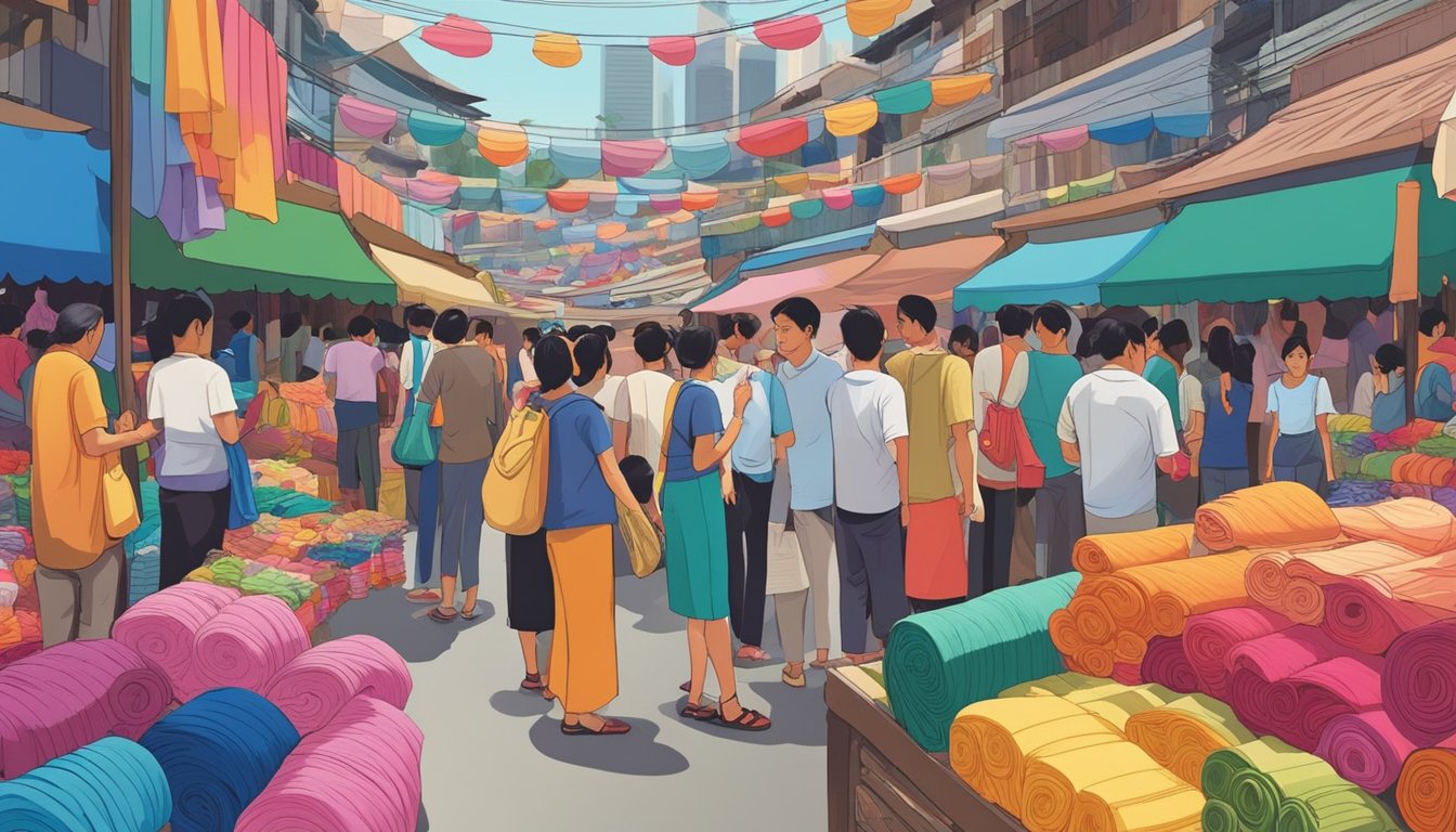 A bustling fabric market in Singapore, filled with colorful rolls of cheap cloth. Customers browse through the vibrant selection, while vendors eagerly showcase their latest materials