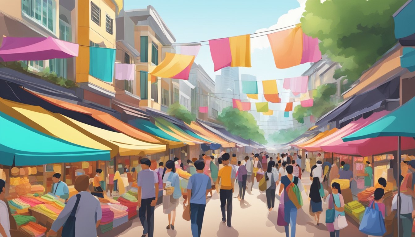 A bustling marketplace in Singapore, filled with colorful fabrics and eager shoppers seeking affordable cloth