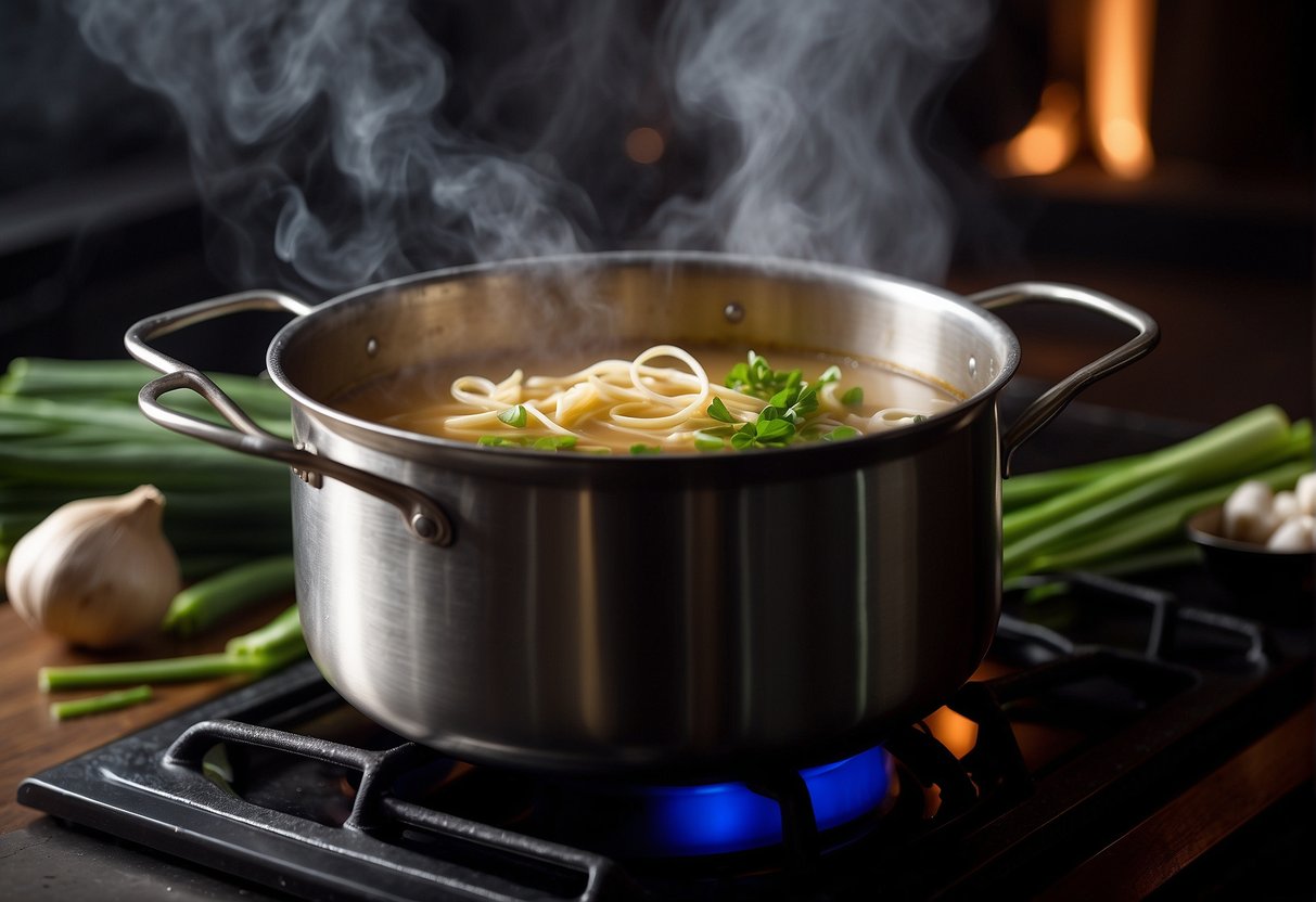 A pot simmering on a stove with various Chinese soup ingredients such as ginger, garlic, and green onions. Steam rising from the pot