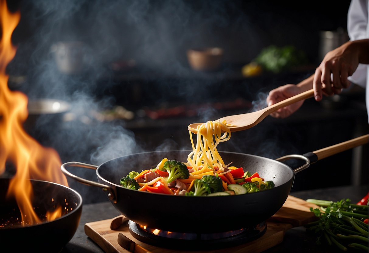 A wok sizzles over a high flame, tossing vibrant vegetables and tender strips of meat. A fragrant cloud of garlic and ginger fills the air as the chef expertly stirs the ingredients with a wooden spatula