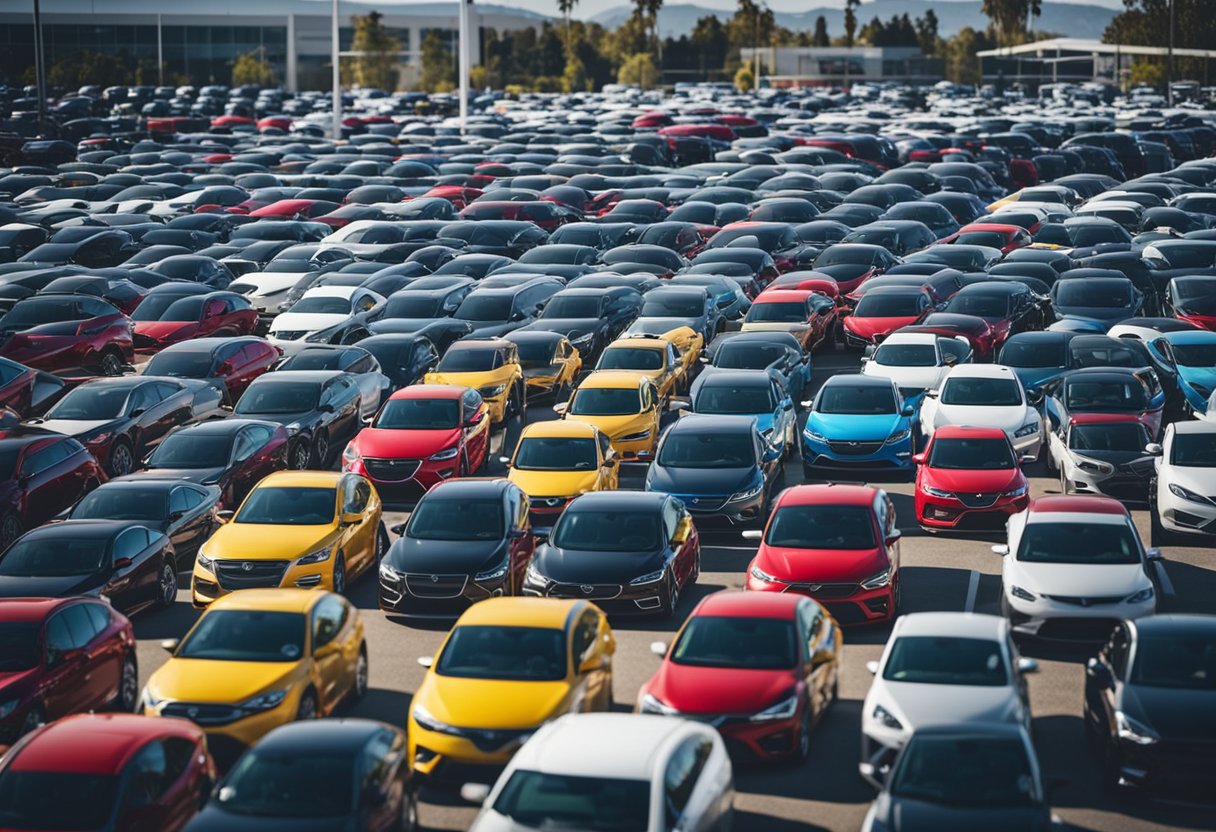 A crowded car dealership showcasing the most popular national cars of 2024. Brightly colored vehicles are lined up, with salespeople talking to potential buyers