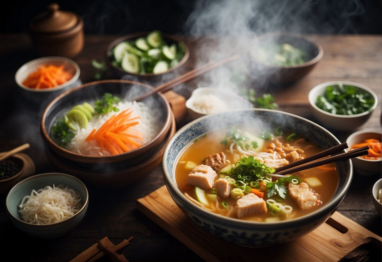 A steaming pot of Chinese soup surrounded by fresh ingredients and a pair of chopsticks