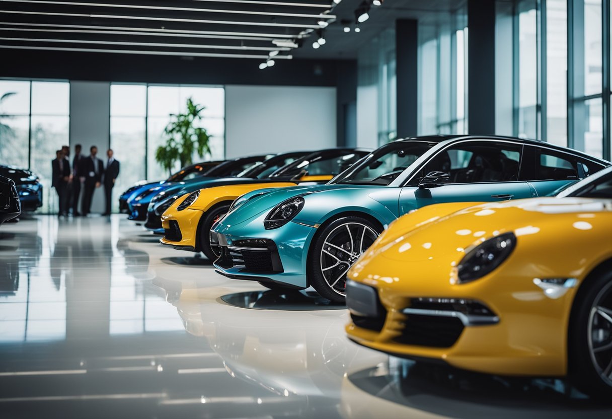 The top national cars of 2024 lined up in a showroom, with sleek designs and vibrant colors, showcasing their popularity