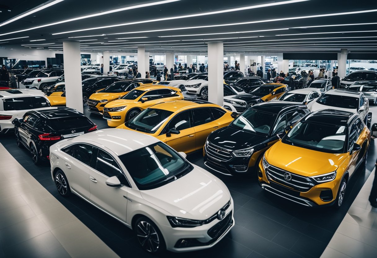 A crowded car dealership with various Brazilian car models on display, surrounded by interested customers and sales representatives
