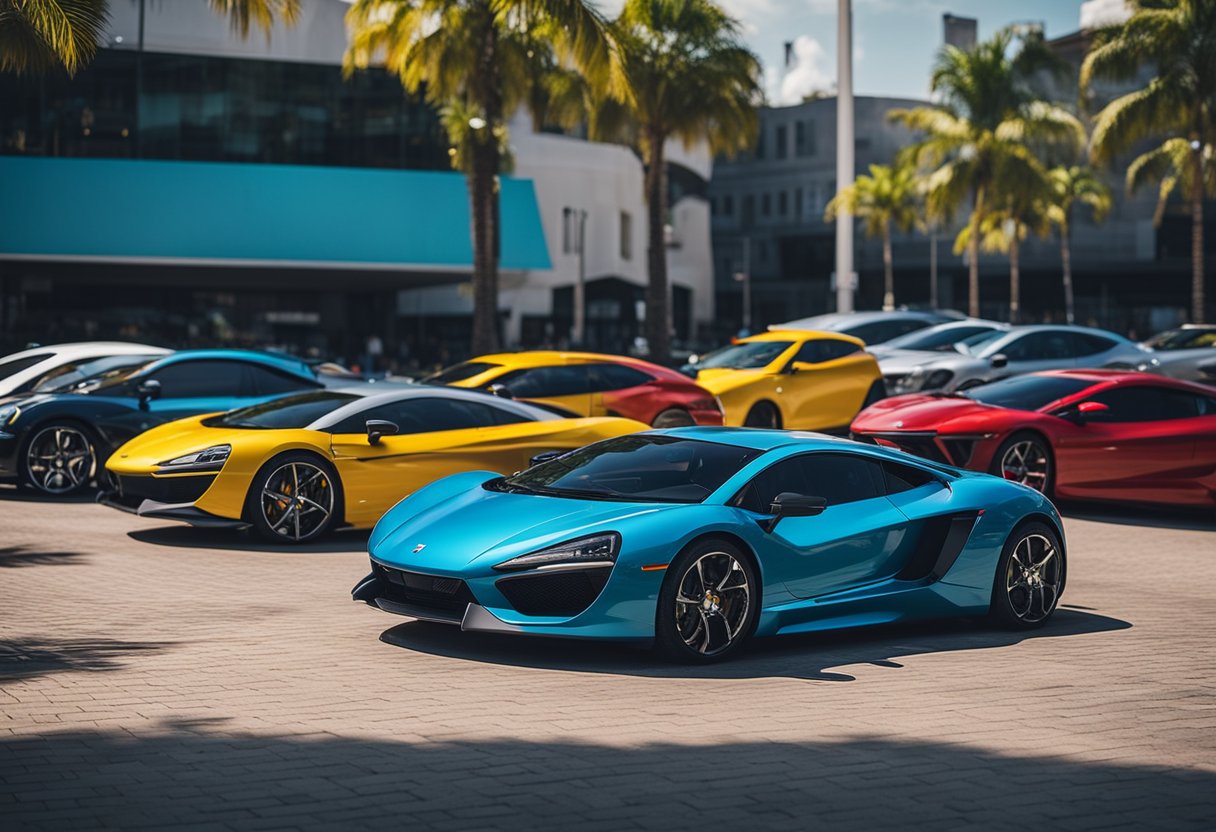 A lineup of popular 2024 Brazilian cars, showcasing their sleek designs and vibrant colors, parked in a bustling urban setting