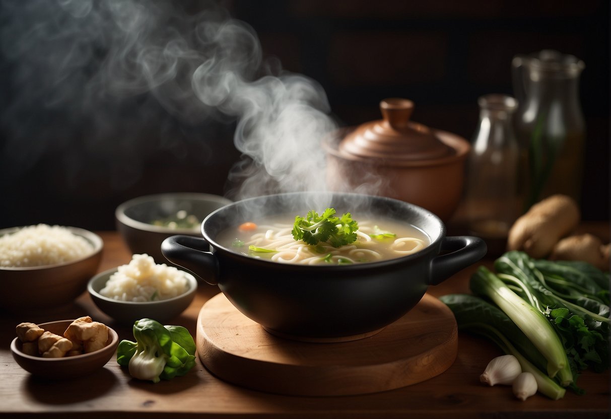 A steaming pot of traditional Chinese soup sits on a wooden table, surrounded by fresh ingredients like ginger, scallions, and bok choy