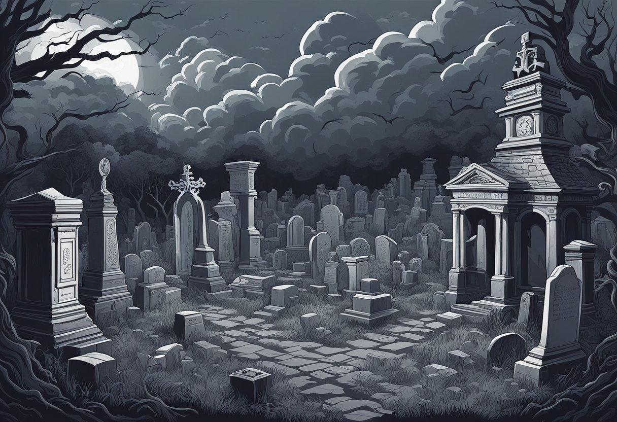 Dark clouds loom overhead as sinister laughter echoes through the abandoned graveyard. Twisted, gnarled trees cast eerie shadows, while ominous quotes are scrawled across ancient tombstones