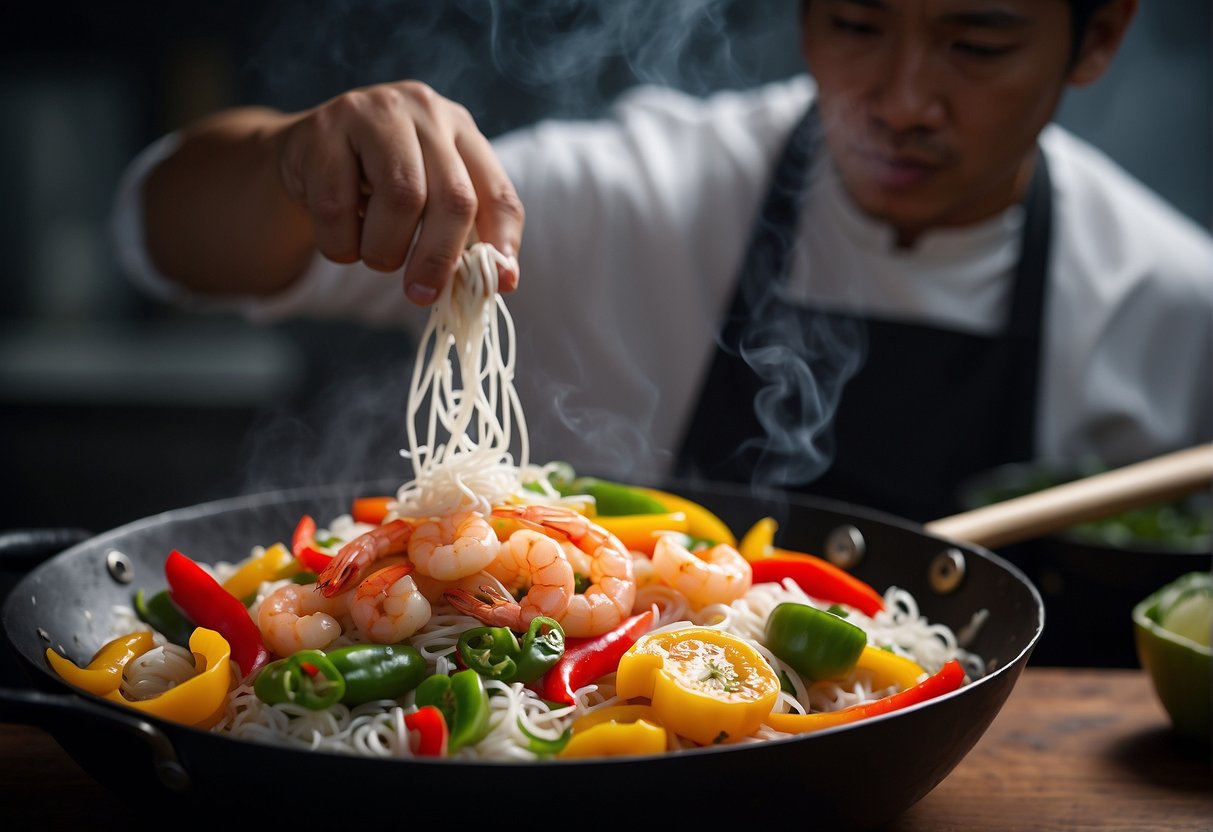 A sizzling wok tosses together colorful bell peppers, tender shrimp, and thin rice noodles, while a fragrant pot steams with fluffy jasmine rice and savory soy sauce