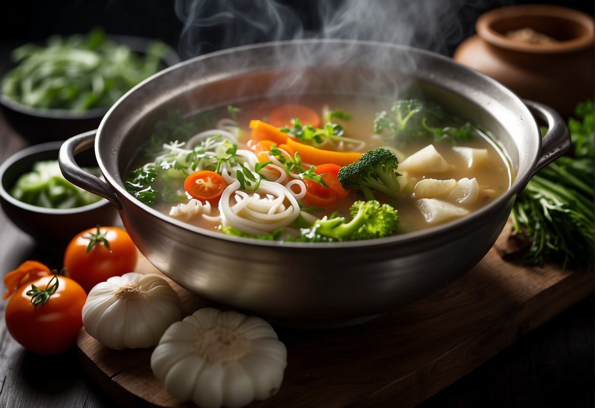 A steaming pot of simple Chinese soup surrounded by fresh vegetables and herbs, with a focus on healthy ingredients and dietary considerations