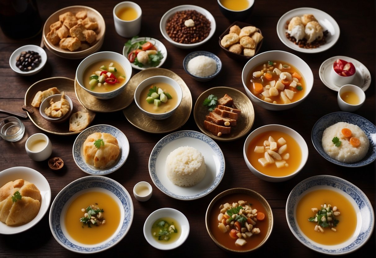 A table set with various bowls of dessert soups and seasonal specials, surrounded by traditional Chinese ingredients and utensils