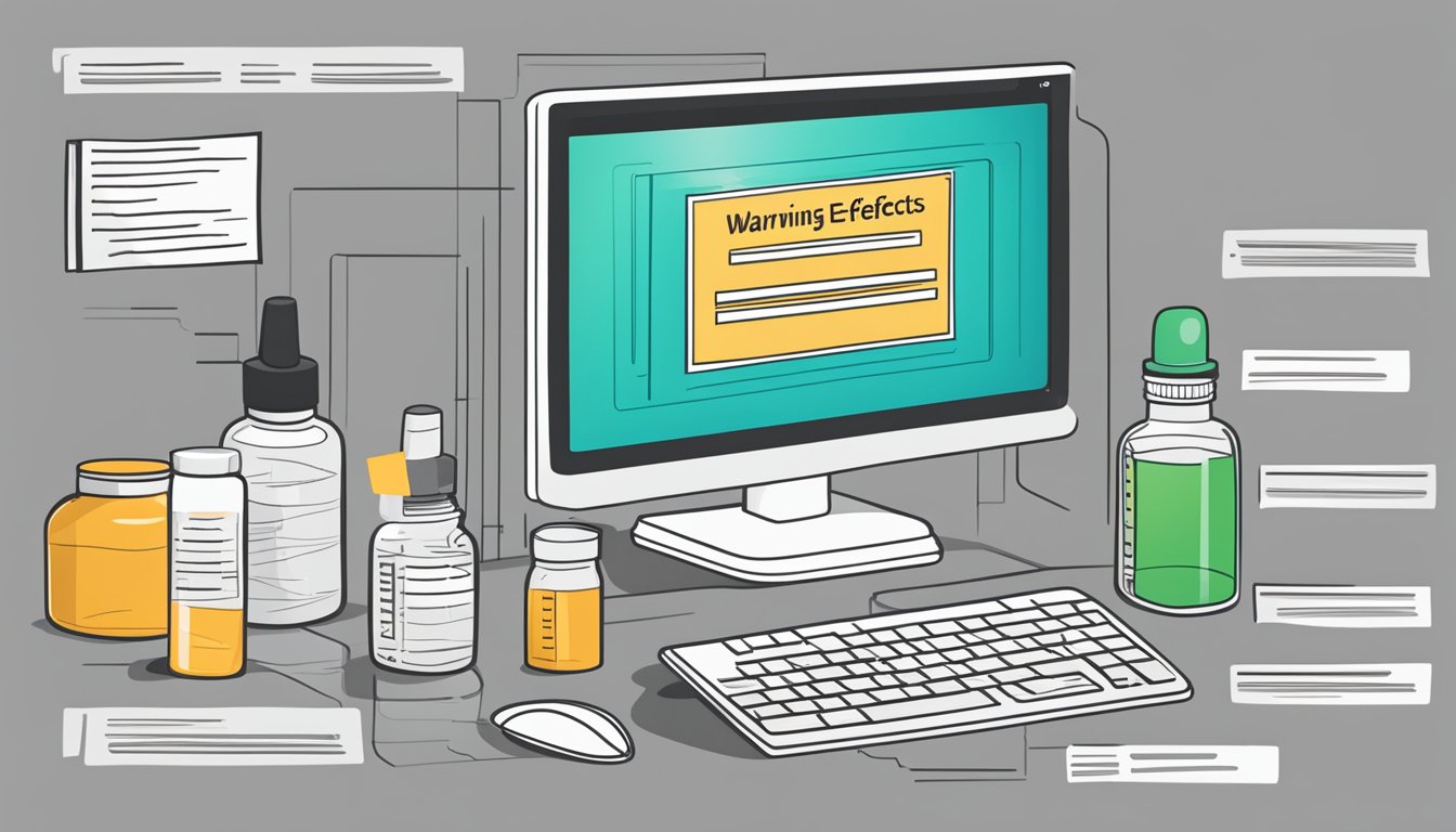 A computer screen with a warning message, a prescription bottle, and a list of potential side effects