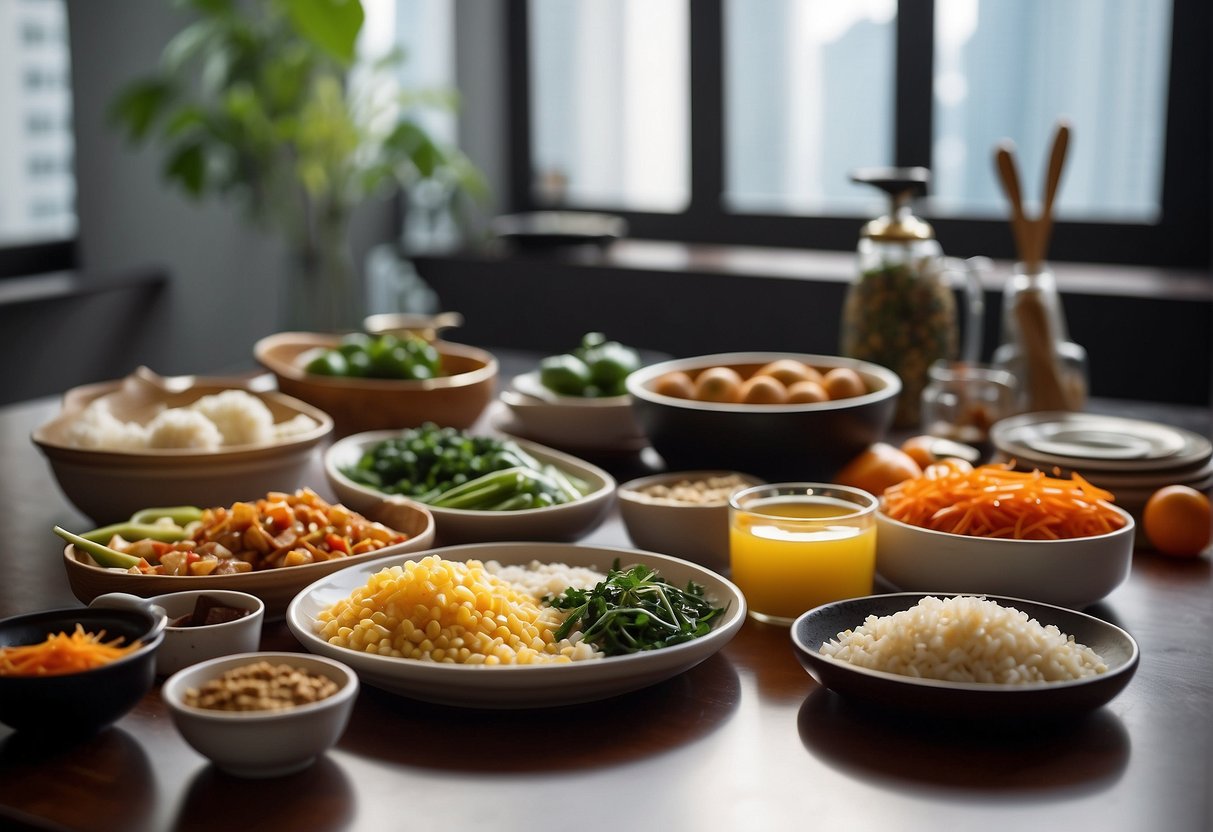 A table set with various ingredients and cooking utensils for simple Chinese recipes in Singapore