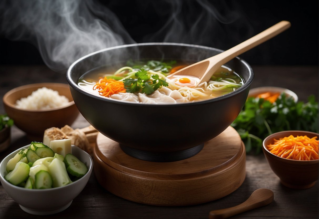 A steaming bowl of Chinese soup surrounded by fresh ingredients and a ladle