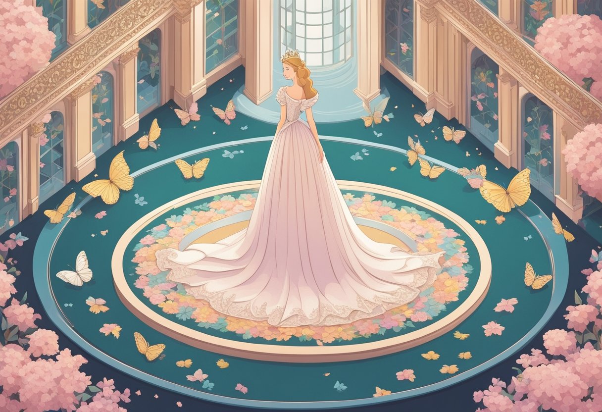 A princess stands in a grand ballroom, surrounded by fluttering butterflies and blooming flowers, quoting words of wisdom and grace