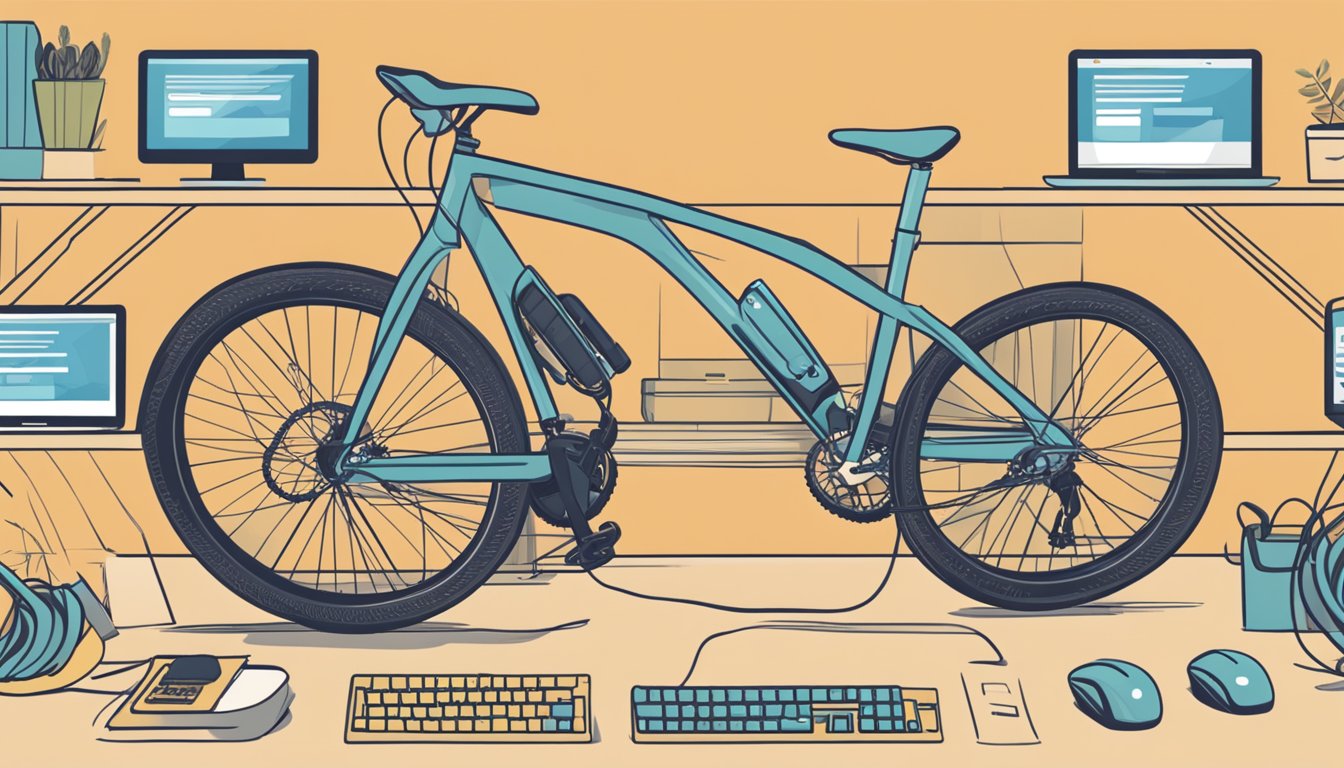 A computer screen displaying a website with various bike tire options. A hand hovers over a mouse, ready to click and make a purchase