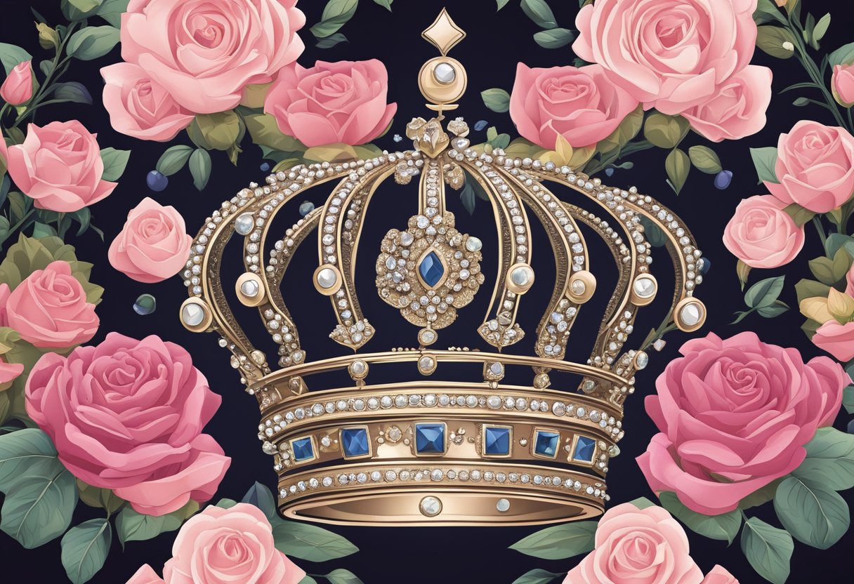 A royal crown and a sparkling tiara rest on a velvet pillow, surrounded by delicate roses and shimmering jewels