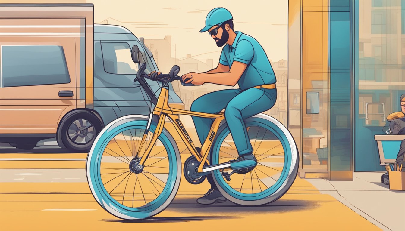 A person clicks "buy" on a website, then watches as a delivery person installs new bike tyres