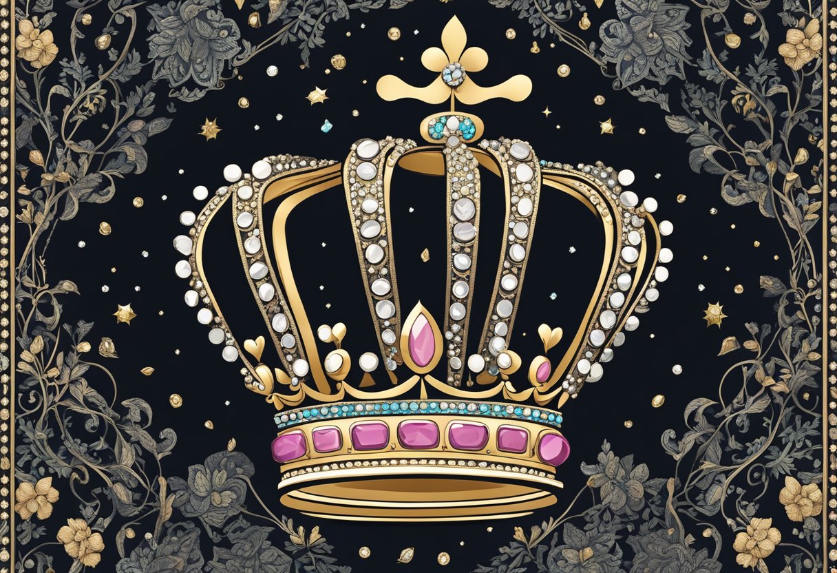 A royal crown rests on a velvet cushion, surrounded by twinkling jewels and delicate lace. A regal banner with the words "Princess Quotes 76-100" hangs in the background