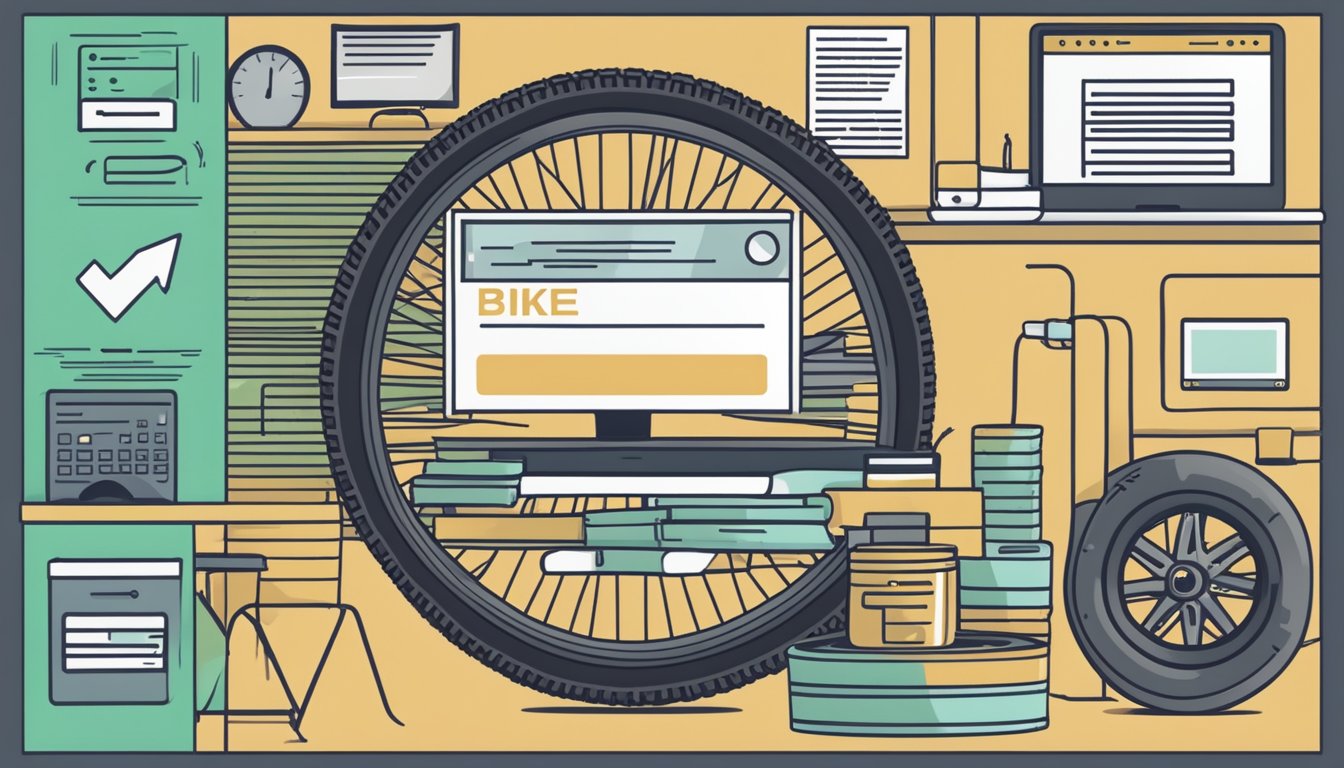 A computer screen displaying a webpage with the title "Frequently Asked Questions: buy bike tyres online" surrounded by various tire options and a secure checkout button