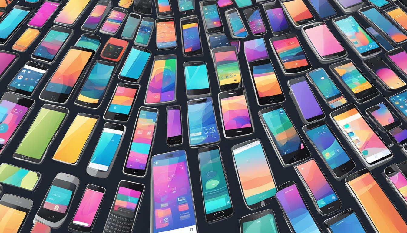 A crowded electronics market in Singapore displays rows of cheap mobile phones