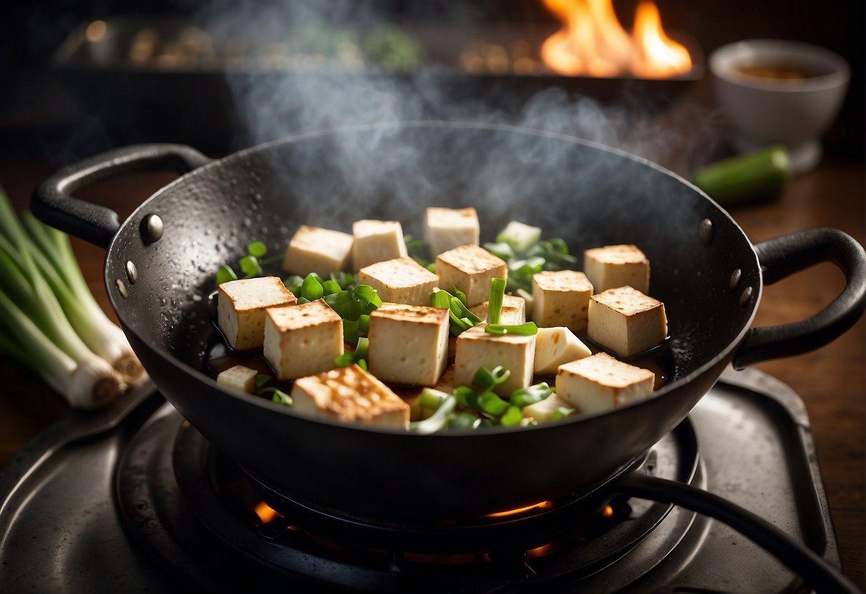 Tofu cubes sizzling in a wok with garlic, ginger, and green onions. Steam rising, adding a fragrant aroma to the air