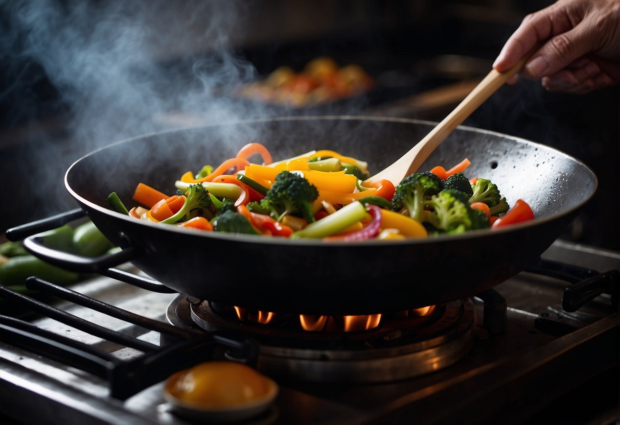 A wok sizzles as colorful vegetables are stir-fried with garlic and ginger. Steam rises as the chef adds a savory soy sauce, creating a mouth-watering aroma