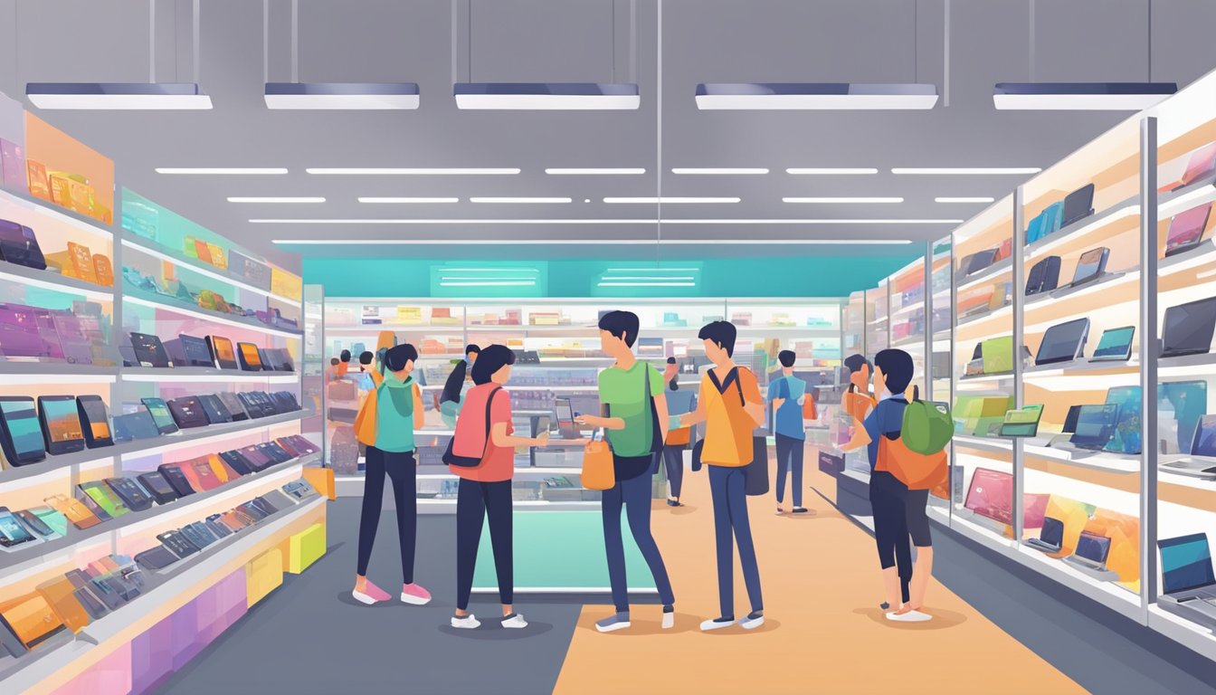 A crowded electronics store in Singapore displays rows of budget-friendly smartphones. Shoppers browse through the various models, comparing prices and features