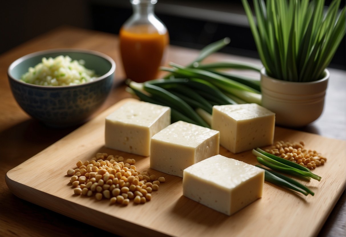 A cutting board with tofu, soy sauce, ginger, and green onions, surrounded by kitchen utensils and a recipe book