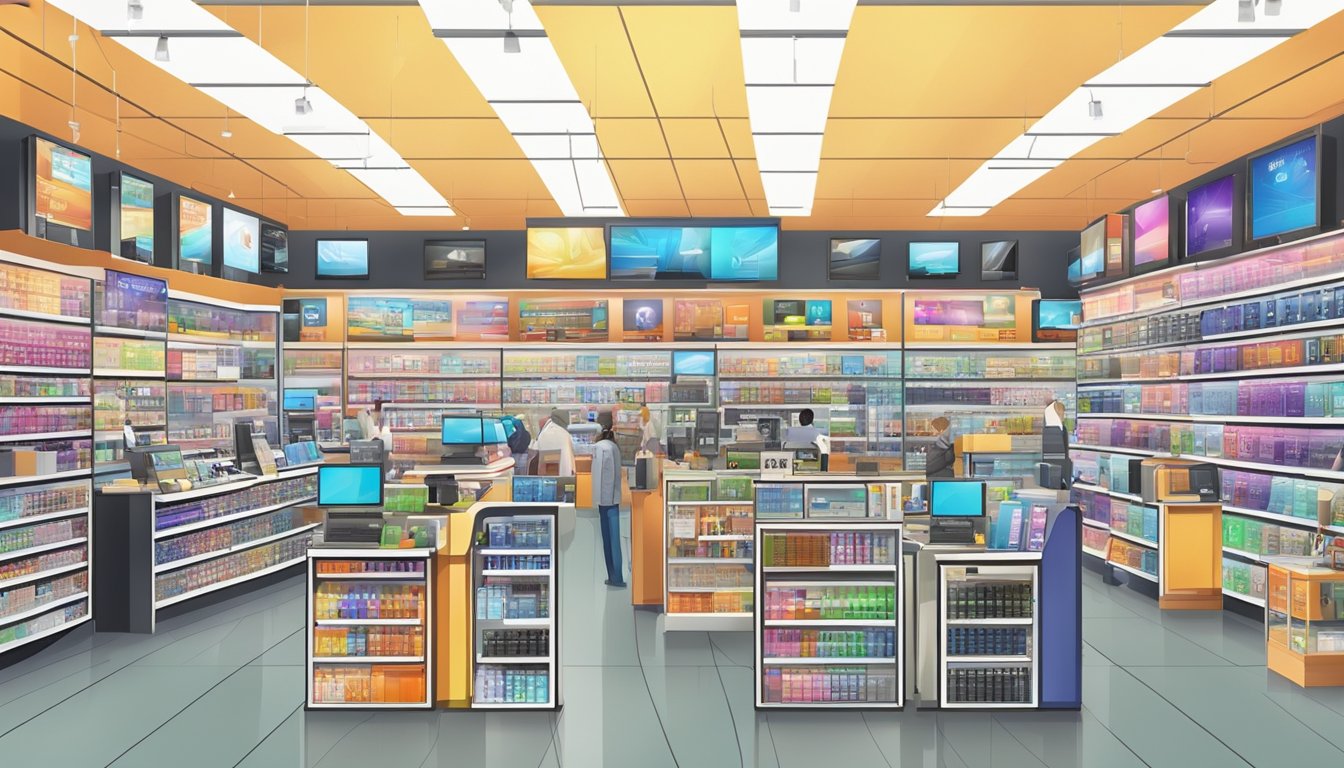 A crowded electronics store with prominent displays of popular mobile phone brands and signs advertising competitive prices