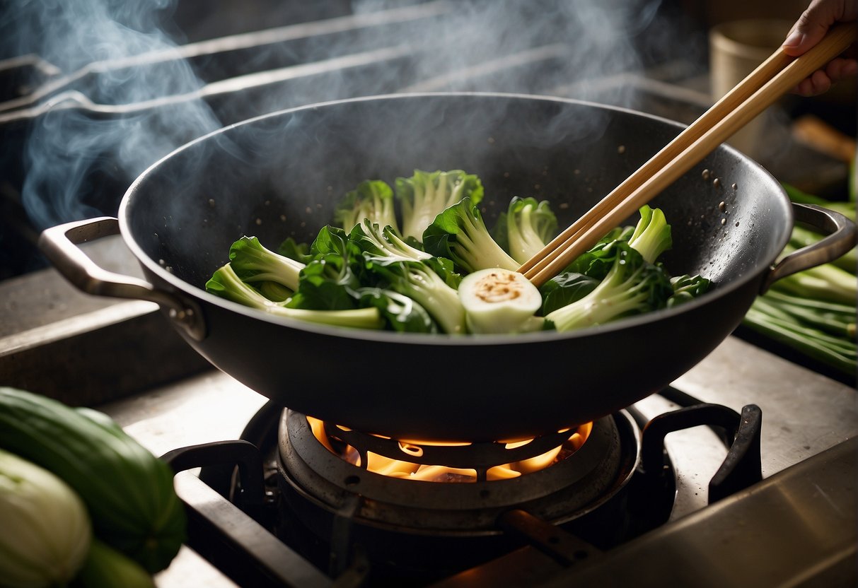 A wok sizzles over a gas flame, filled with vibrant green bok choy and sizzling garlic. A pair of chopsticks stir the vegetables as steam rises