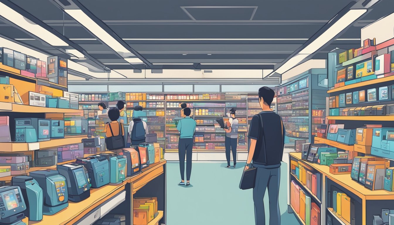 A busy electronic store in Singapore, with shelves lined with various mobile phones, and customers browsing for affordable options