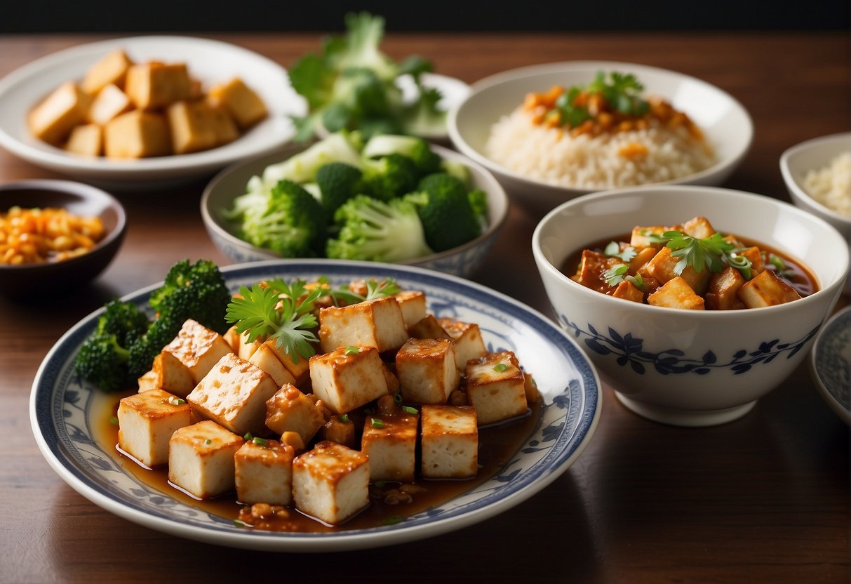 A table set with various tofu dishes: mapo tofu, steamed tofu with soy sauce, and crispy tofu with vegetables
