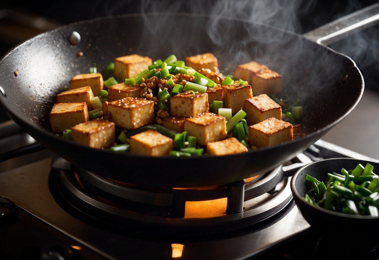 A wok sizzles with stir-fried tofu cubes. Steam rises as a chef adds soy sauce and green onions