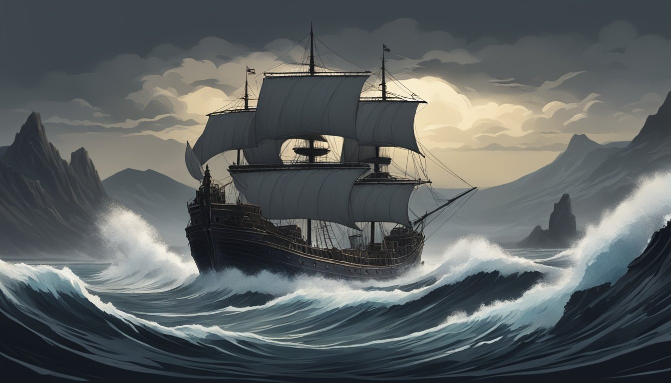 A ship sails through rough waves towards a dark, mysterious island in the distance, with the black desert looming on the horizon